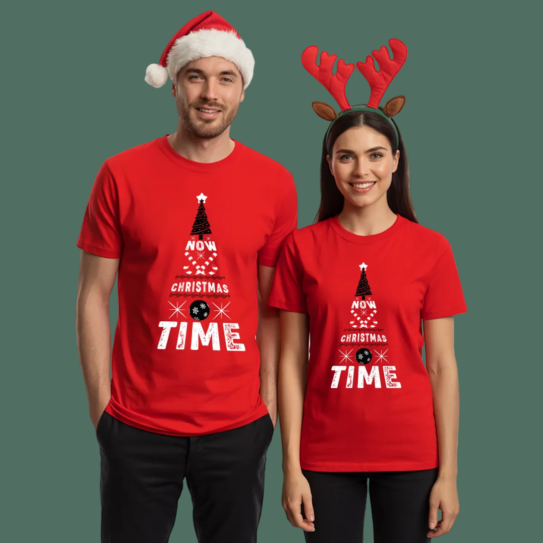 Christmas Tree Graphic Red T-Shirt- "NOW CHRISTMAS TIME" Holiday Shirt