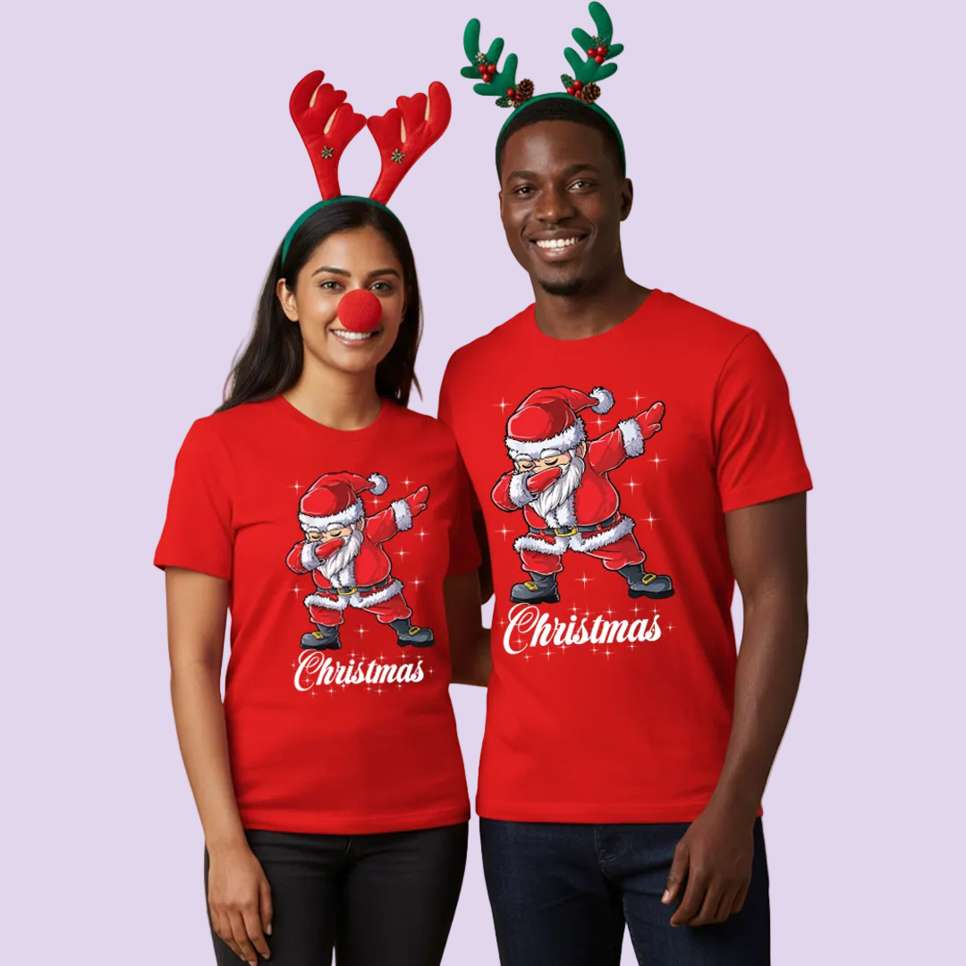 Red Dabbing Santa Claus Family Matching T-Shirts - Funny Christmas Outfit Set - Holiday Photo Tees
