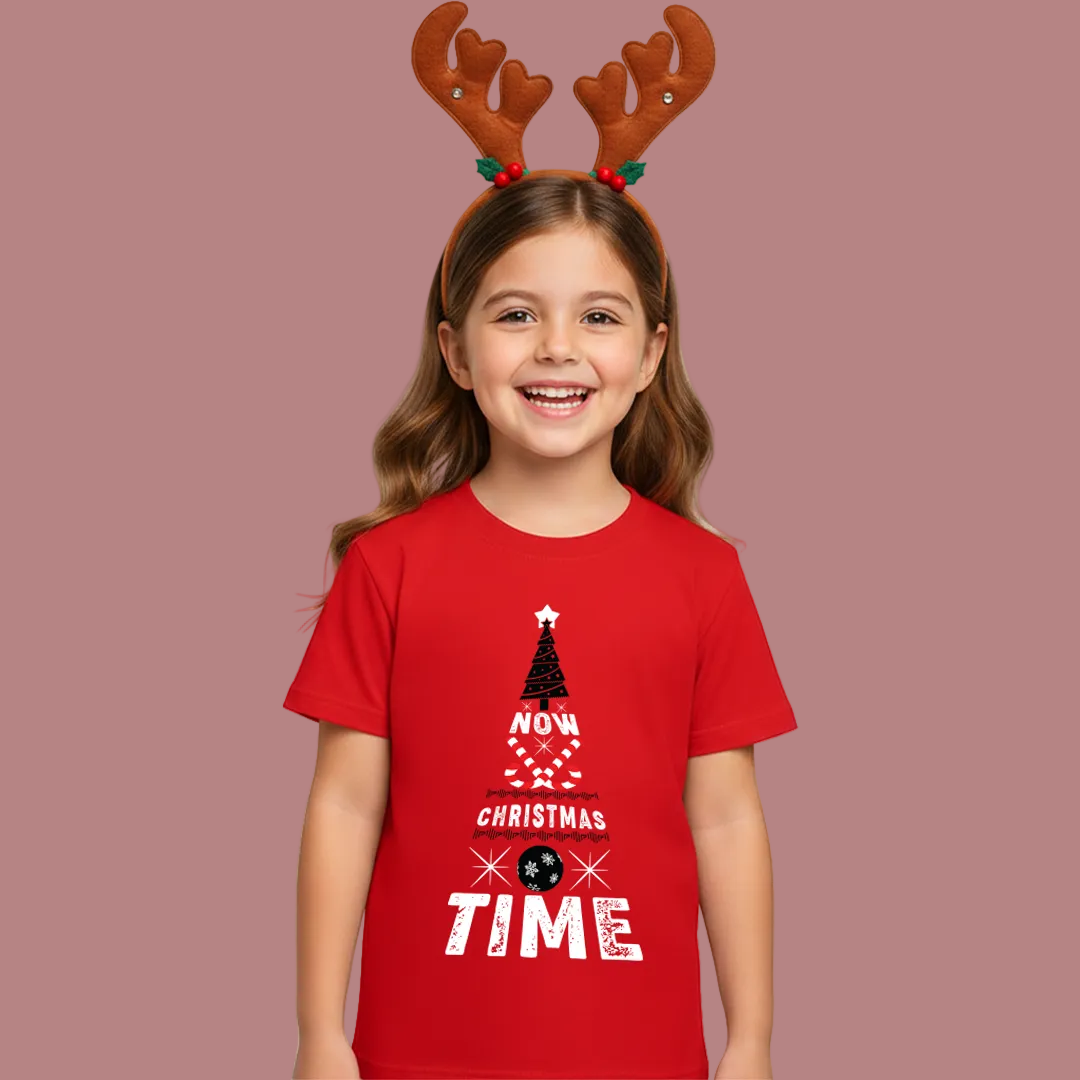 Christmas Tree Graphic Red T-Shirt- "NOW CHRISTMAS TIME" Holiday Shirt