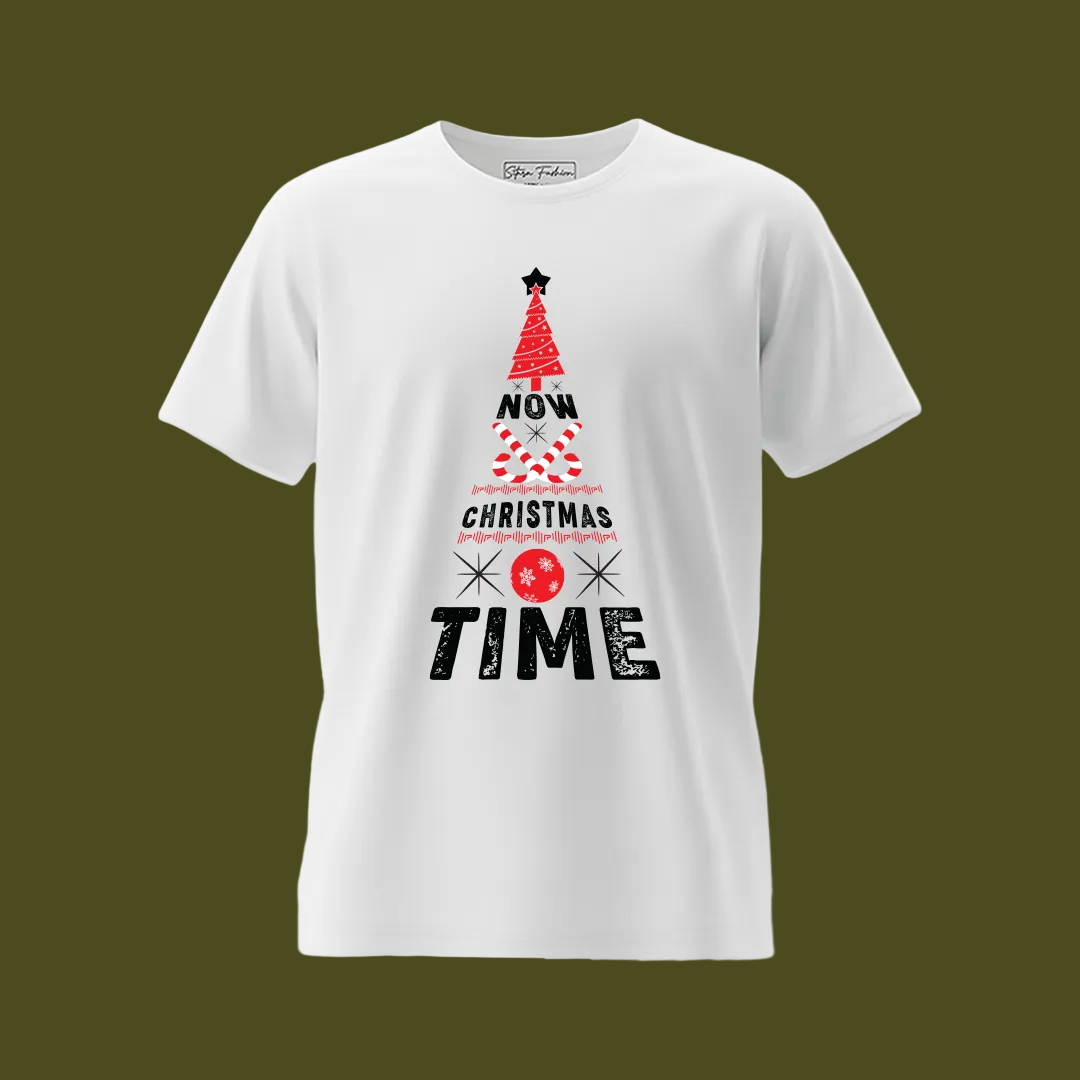 Christmas Tree Graphic Red T-Shirt- "NOW CHRISTMAS TIME" Holiday Shirt