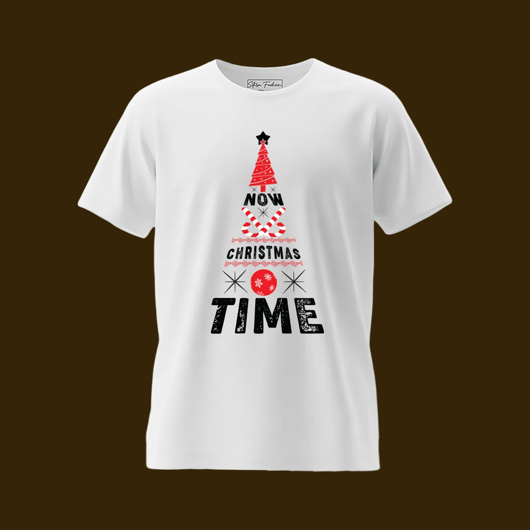 Christmas Tree Graphic Red T-Shirt- "NOW CHRISTMAS TIME" Holiday Shirt
