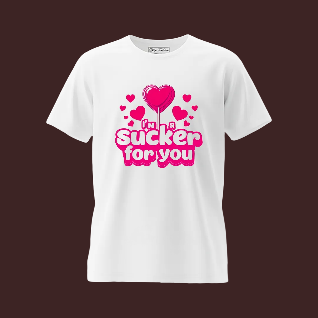 Valentine’s Day Matching Couple T-Shirts - "I'm a Sucker for You" Heart Lollipop Graphic Tees