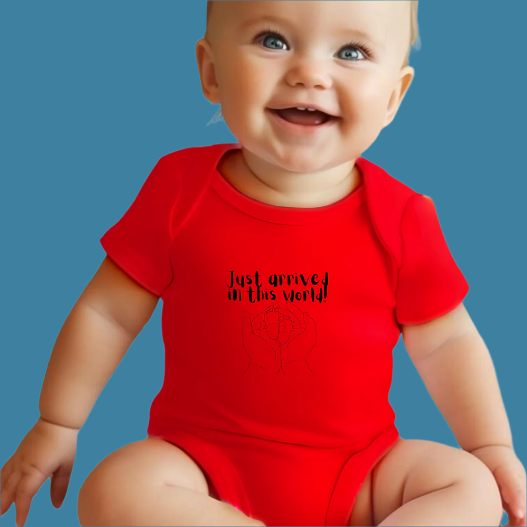 Infant 'Just Arrived in This World' Red Cotton Bodysuit, Short Sleeve Baby Romper
