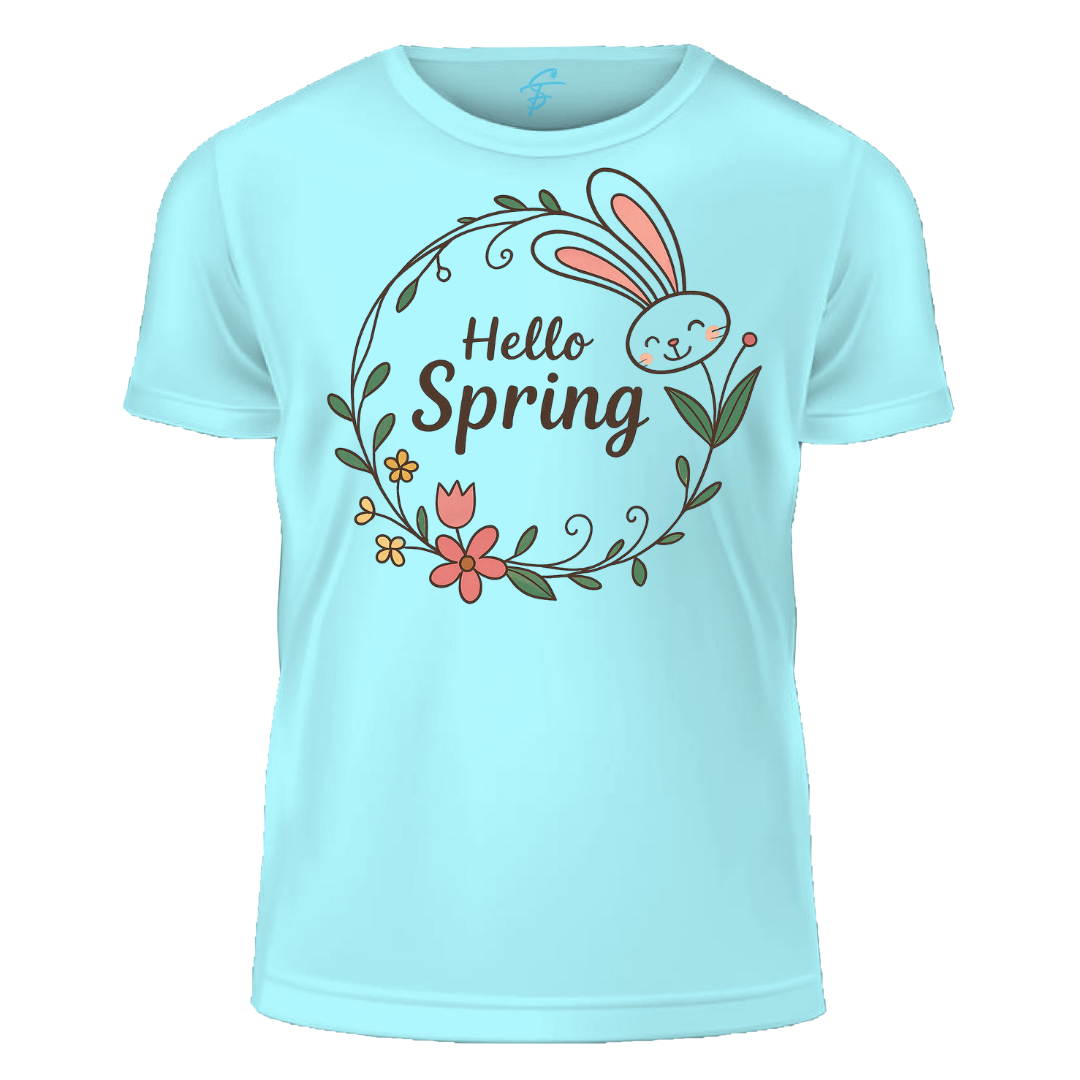 Hello Spring T-Shirt, Women's Casual Short Sleeve, 100% Cotton, Floral Bunny Design