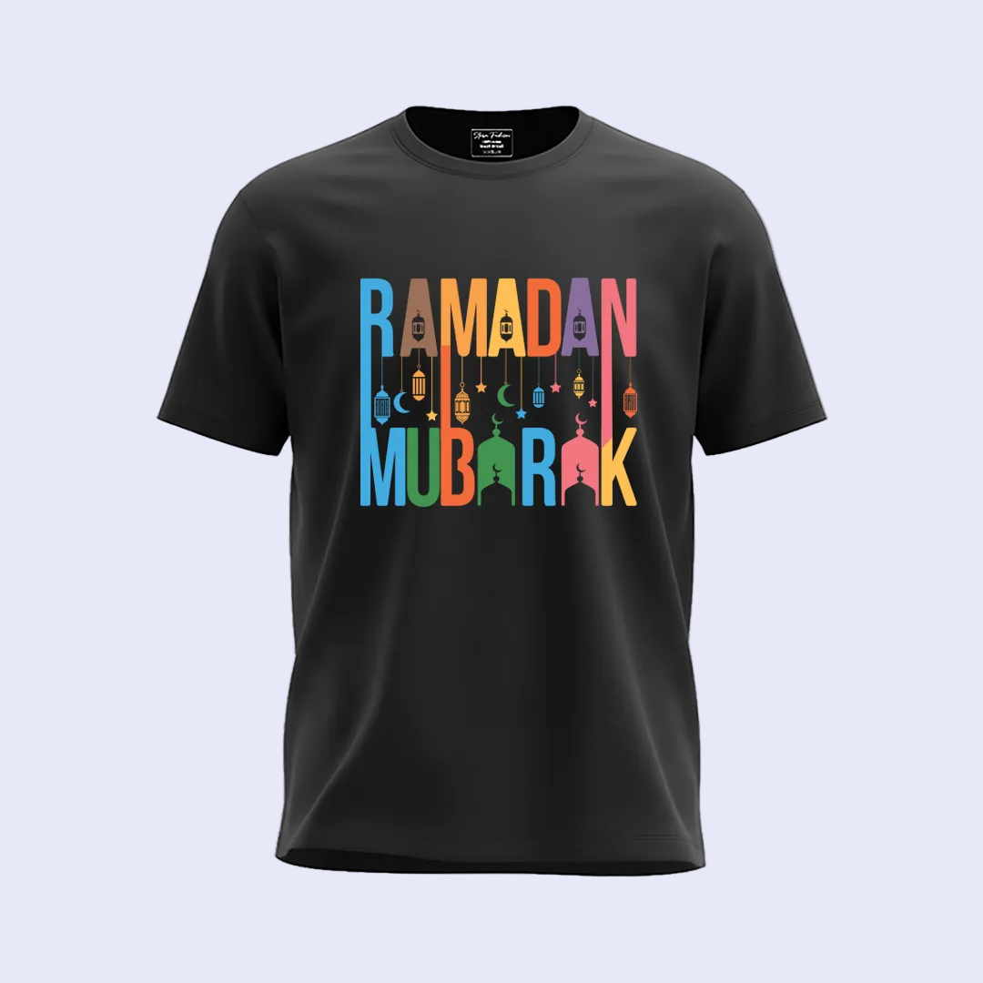 Ramadan Mubarak T-Shirt - Colorful Retro Graphic Tees for Boys & Girls - Islamic Moon, Star, and Lantern Design - Ramadan Kareem Gift T-Shirt