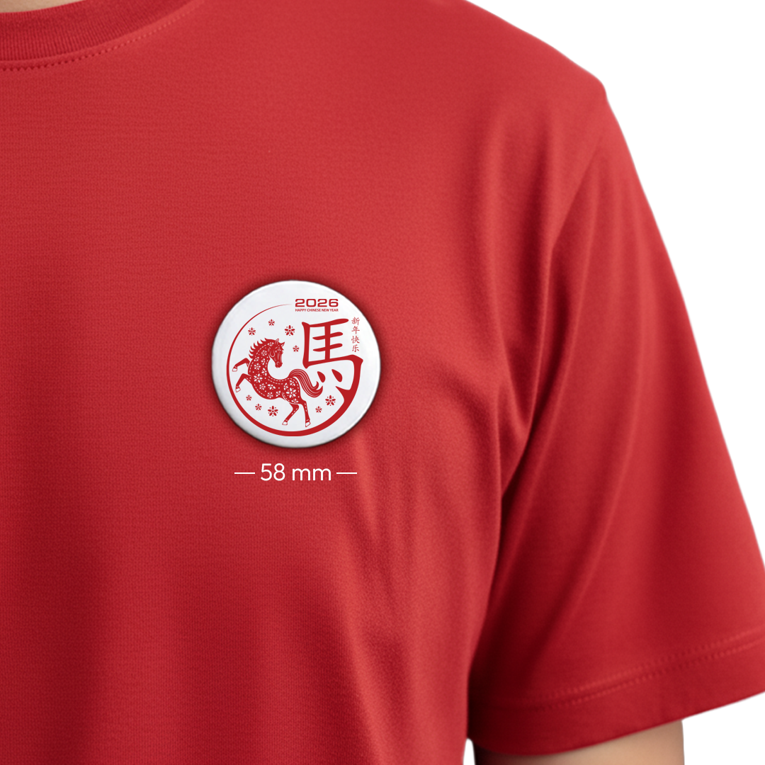 Traditional Lunar New Year 2026 Special Edition Badge – Red Horse & Calligraphy Pin-back Button - Sitara Fashions