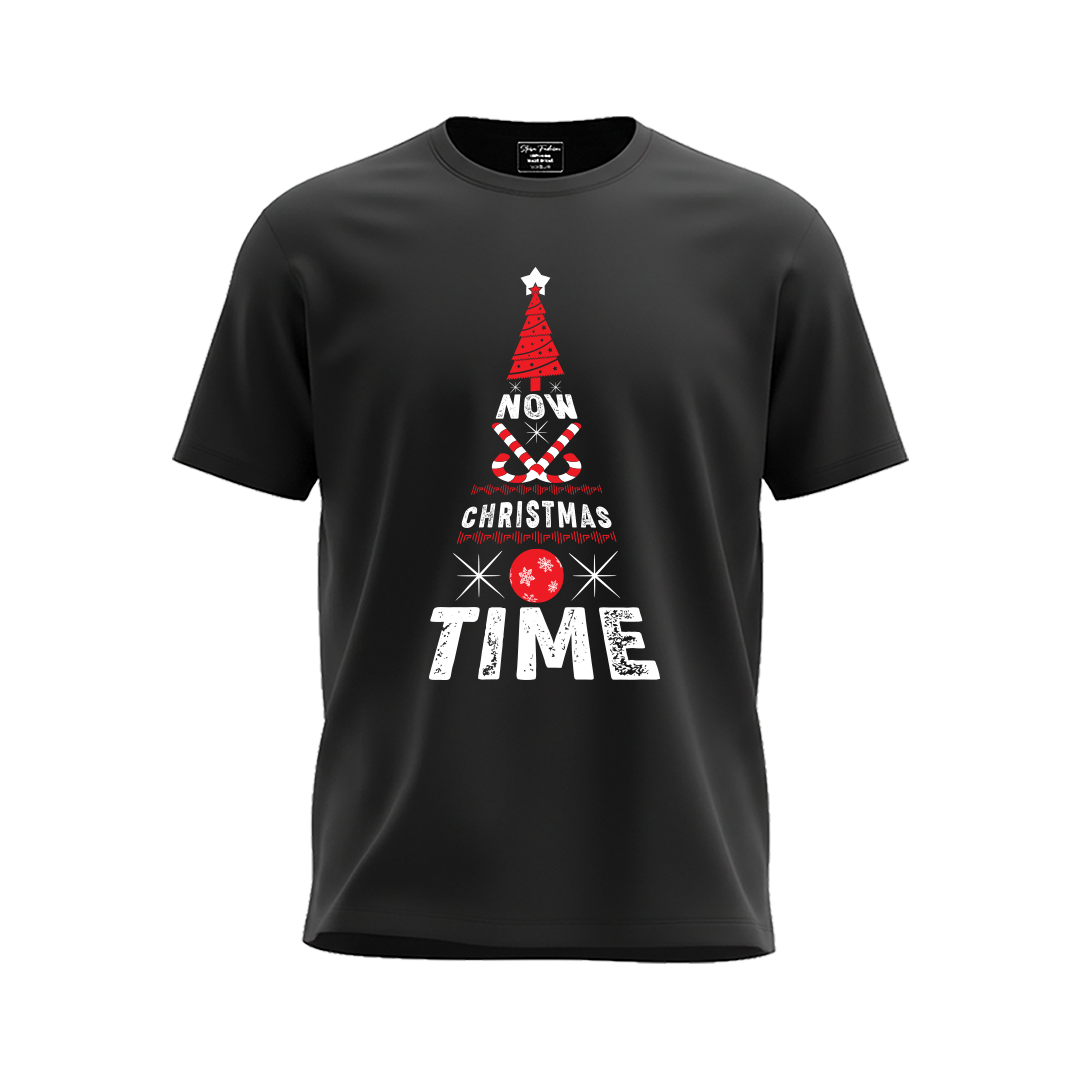 Christmas Tree Graphic Red T-Shirt- "NOW CHRISTMAS TIME" Holiday Shirt