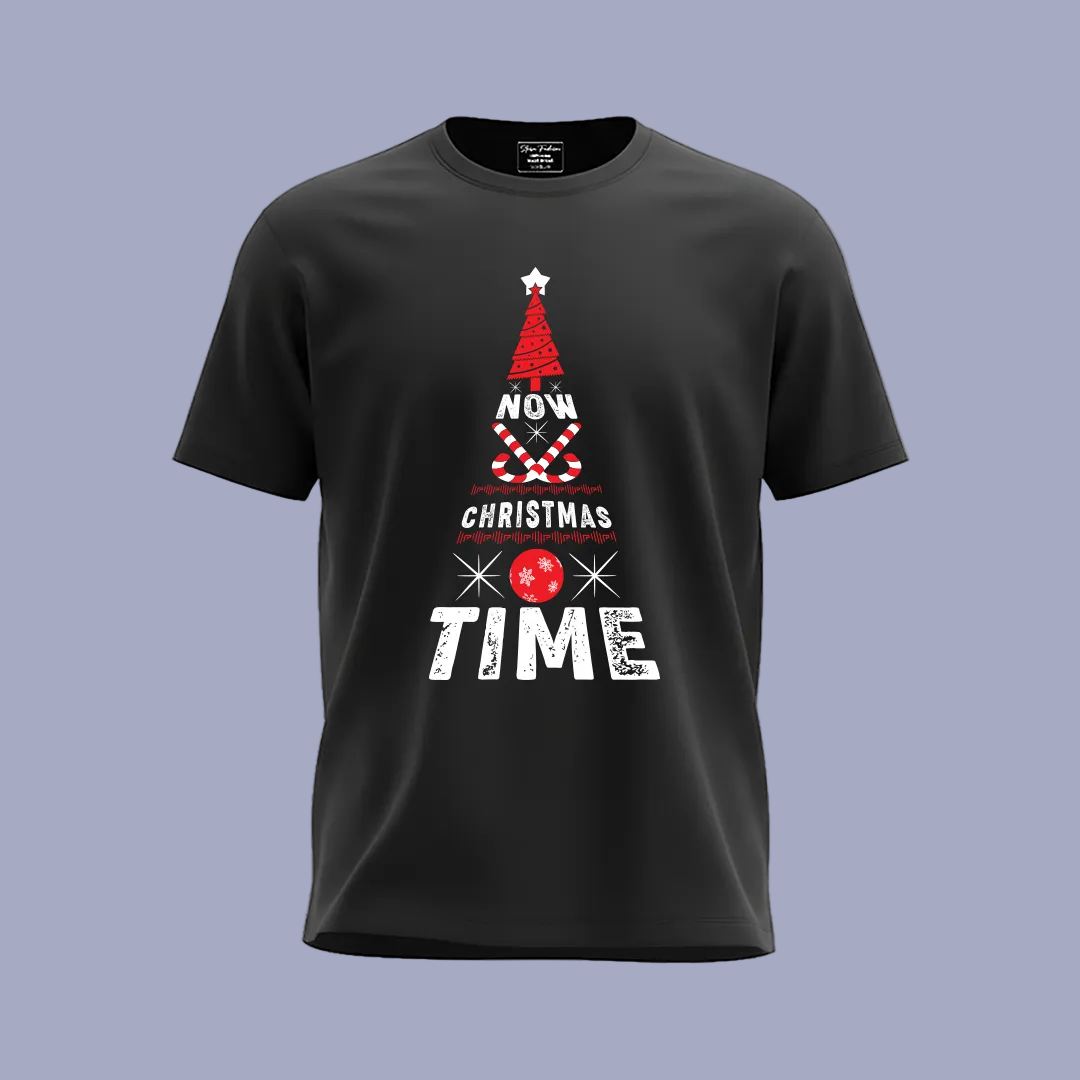 Christmas Tree Graphic Red T-Shirt- "NOW CHRISTMAS TIME" Holiday Shirt