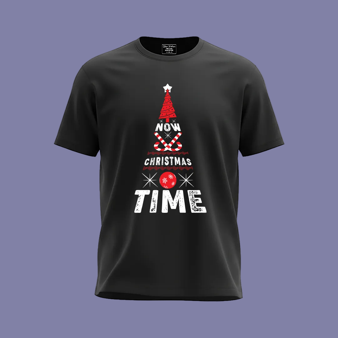 Christmas Tree Graphic Red T-Shirt- "NOW CHRISTMAS TIME" Holiday Shirt
