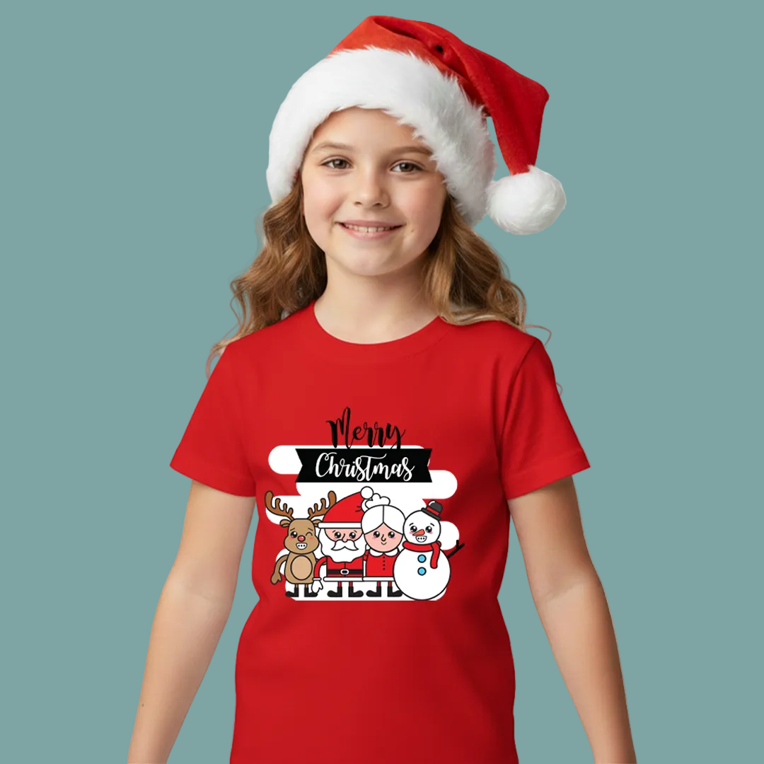 Kids Merry Christmas T-Shirt with Santa, Mrs. Claus, Reindeer & Snowman Graphic