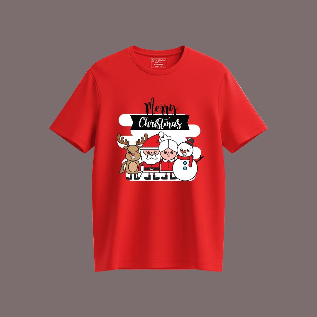 Kids Merry Christmas T-Shirt with Santa, Mrs. Claus, Reindeer & Snowman Graphic