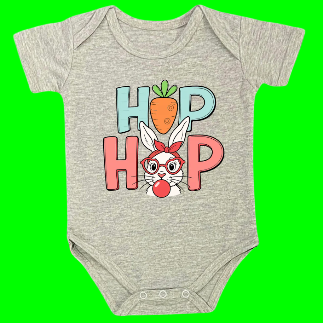 Hip Hop Easter Bunny Baby Bodysuit, 100% Cotton Onesie with Carrot Design, Infant Short Sleeve
