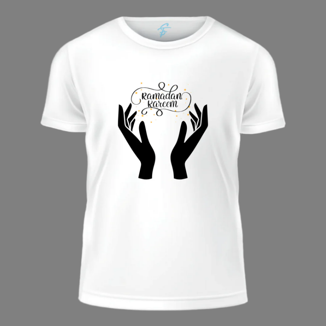 Ramadan Kareem T-Shirt, 100% White Cotton, Religious Design with Praying Hands