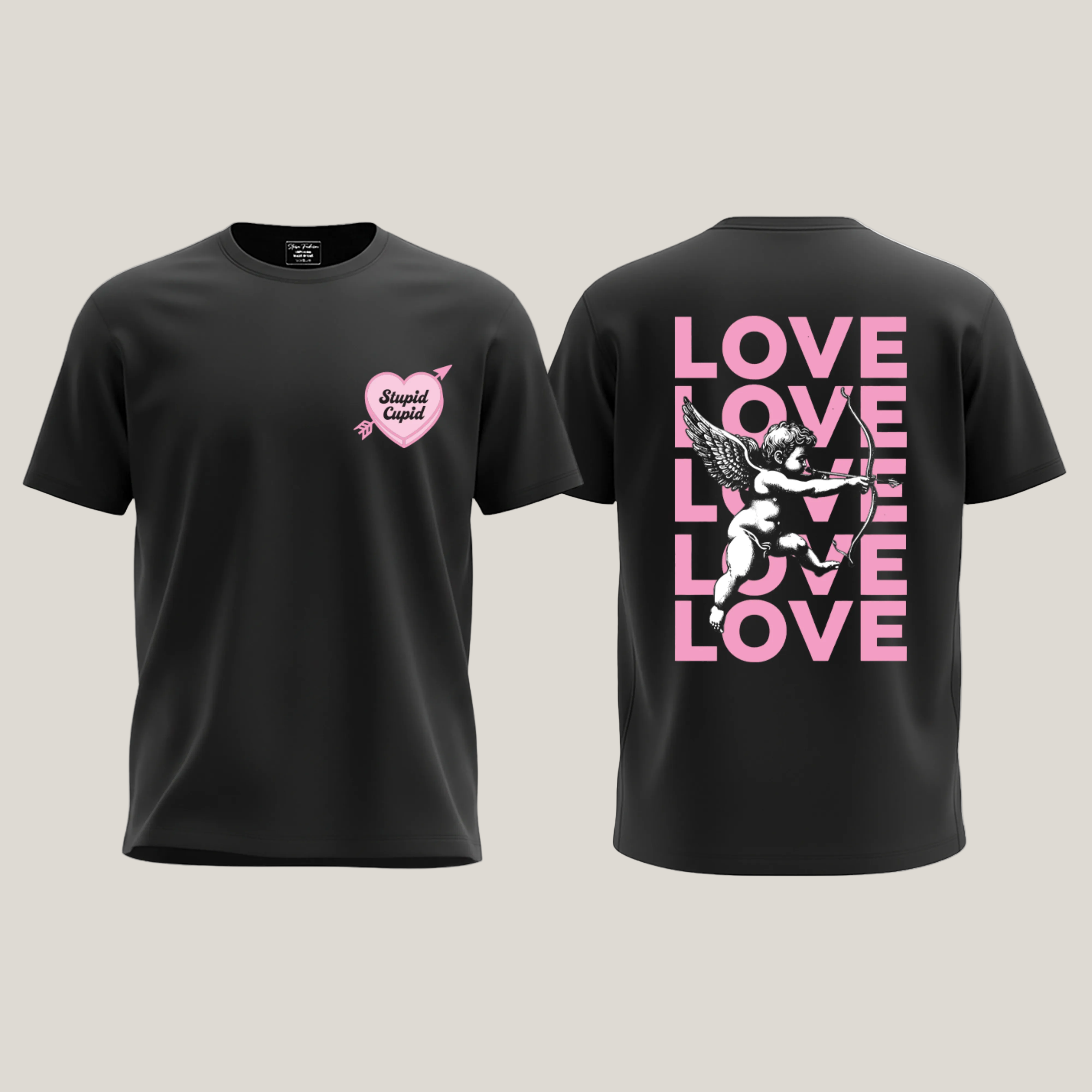 Stupid Cupid" Valentine's Day Couple T-Shirt - Black Graphic Tees with Cupid & Love Print - Matching Romantic Streetwear for Him and Her