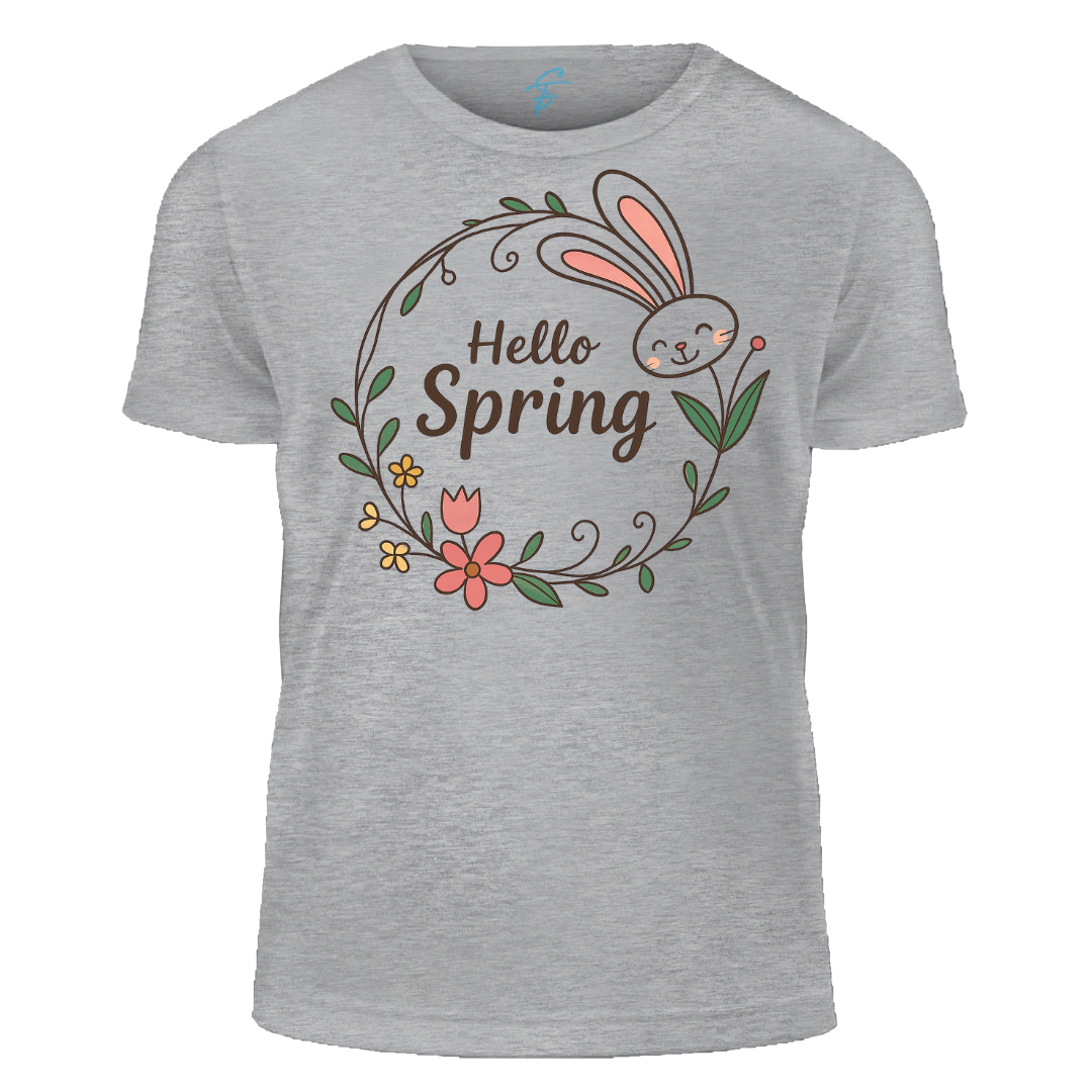 Hello Spring T-Shirt, Women's Casual Short Sleeve, 100% Cotton, Floral Bunny Design