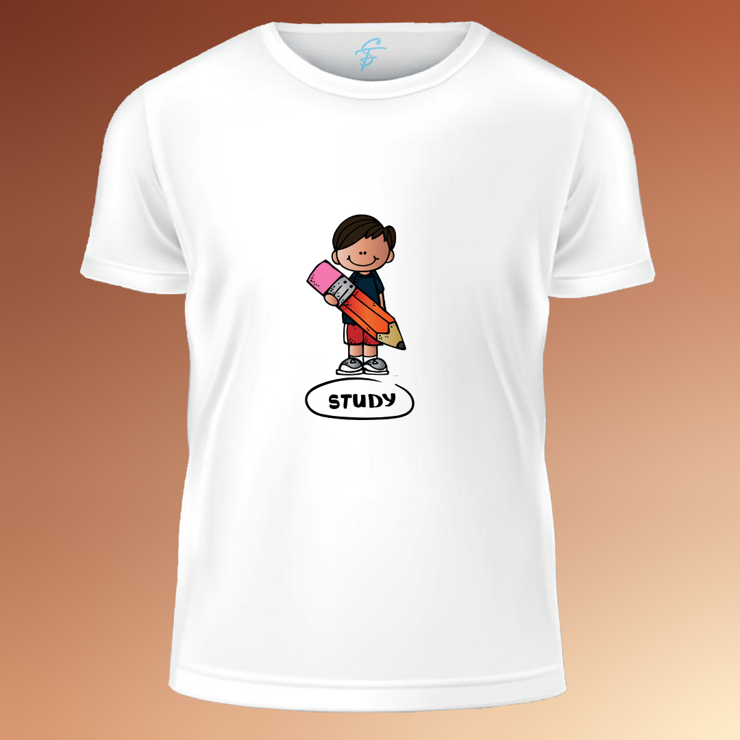 STUDY – Back to School Outfit for Boys & Girls – Short Sleeve White Tee, T-Shirt,100% Cotton