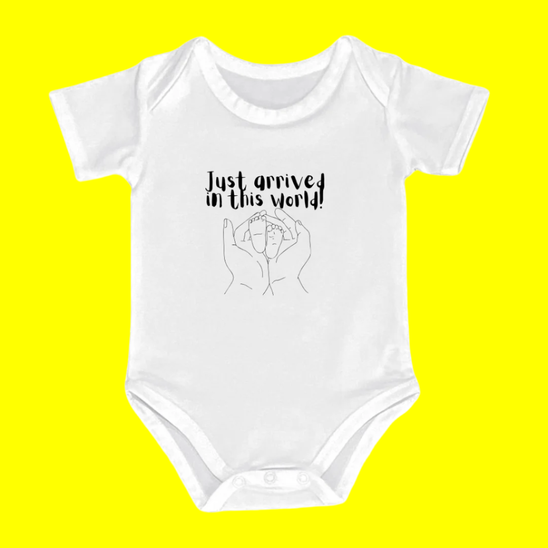 Infant 'Just Arrived in This World' Red Cotton Bodysuit, Short Sleeve Baby Romper