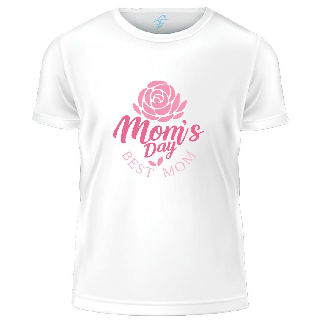 Mom's Day Best Mom T-Shirt with Pink Rose Design, Short Sleeve, Mother's Day