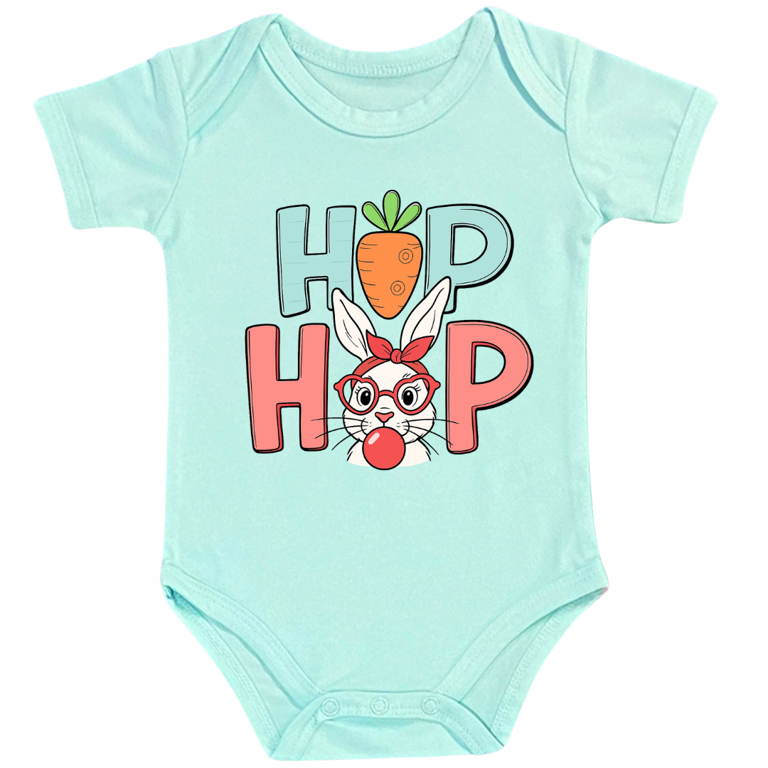 Hip Hop Easter Bunny Baby Bodysuit, 100% Cotton Onesie with Carrot Design, Infant Short Sleeve