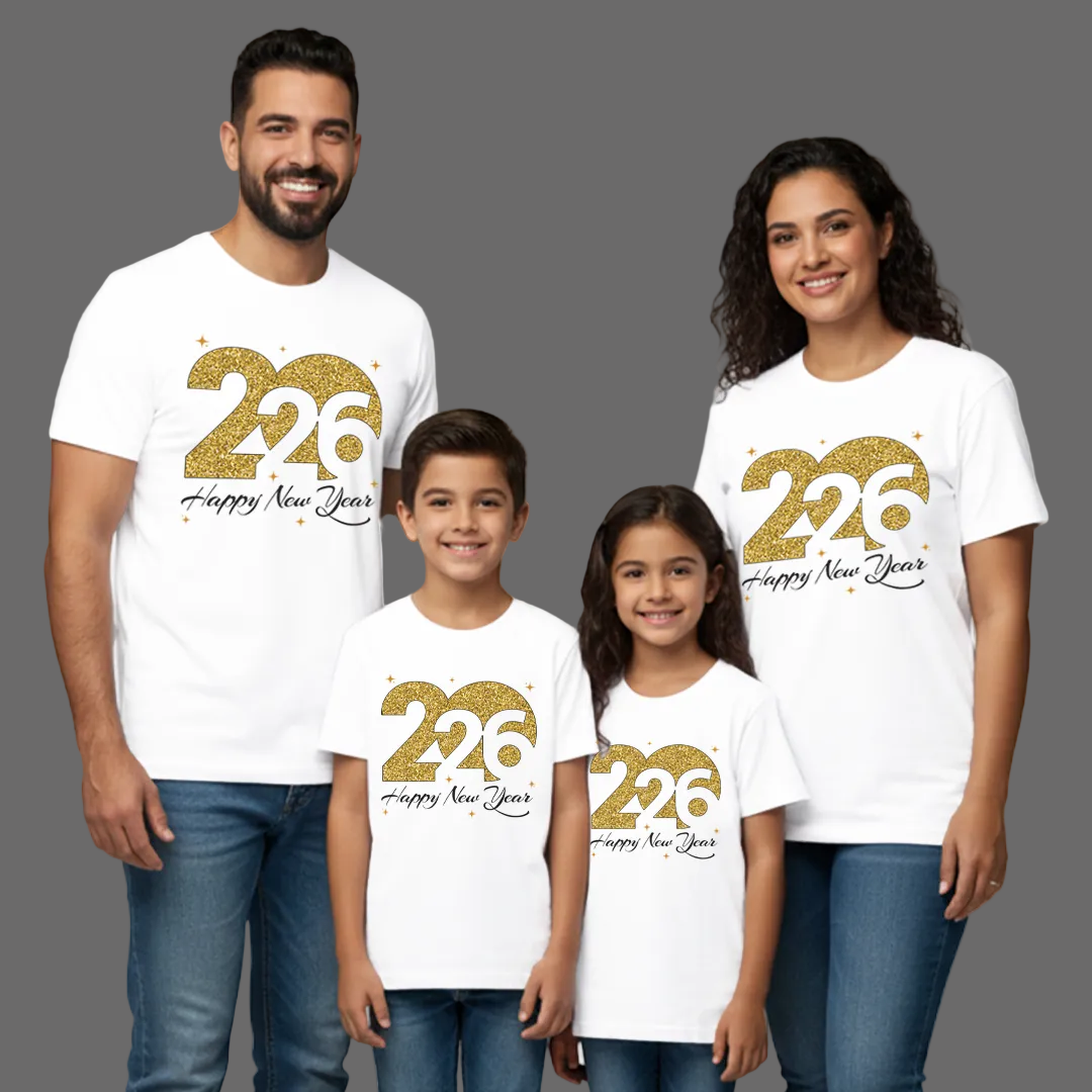 Matching Family New Year 2026 T-Shirts | Gold Glitter Year Graphic Tees | Custom New Year’s Eve Party T-shirts for Rompers, Kids and Adults