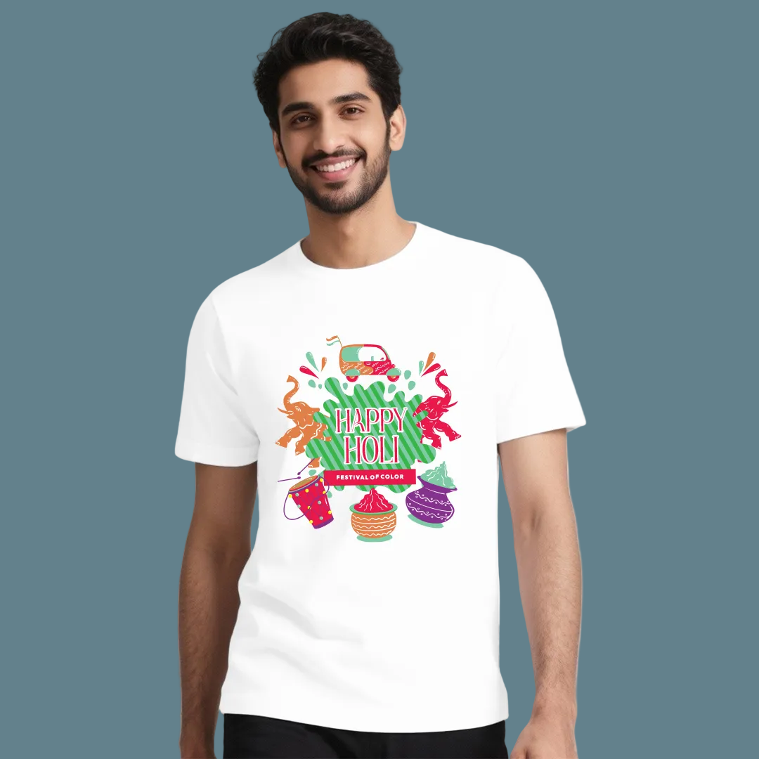 Happy Holi Festival of Colors T-Shirt – Graphic Tees with Rickshaw & Elephant Design - Sitara Fashions