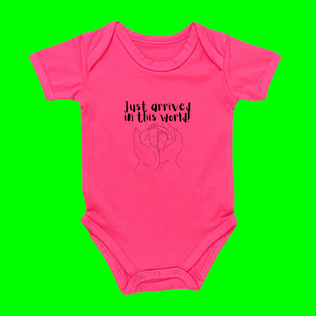 Infant 'Just Arrived in This World' Red Cotton Bodysuit, Short Sleeve Baby Romper