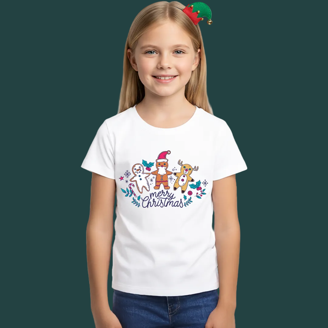 Kids Merry Christmas T-Shirt with Gingerbread Man, Reindeer & Santa Graphic Tees