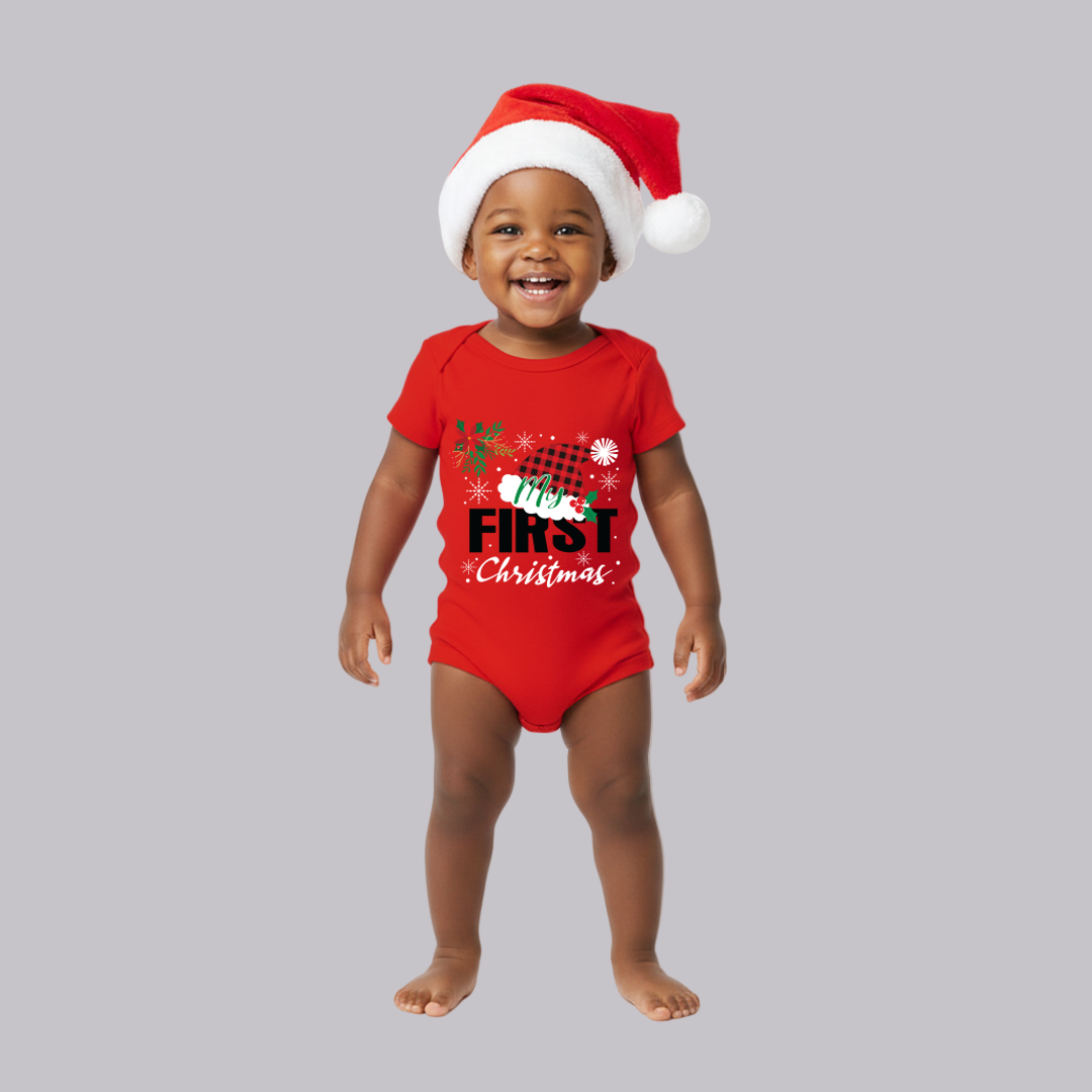 My First Christmas" Baby Bodysuit (Baby's First Christmas Romper Bodysuit - Red Plaid Accent Newborn Infant Outfit