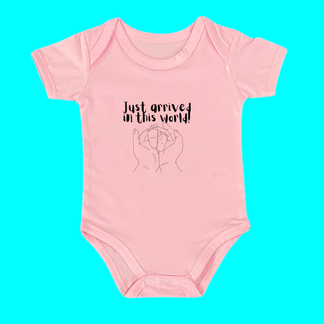 Infant 'Just Arrived in This World' Red Cotton Bodysuit, Short Sleeve Baby Romper