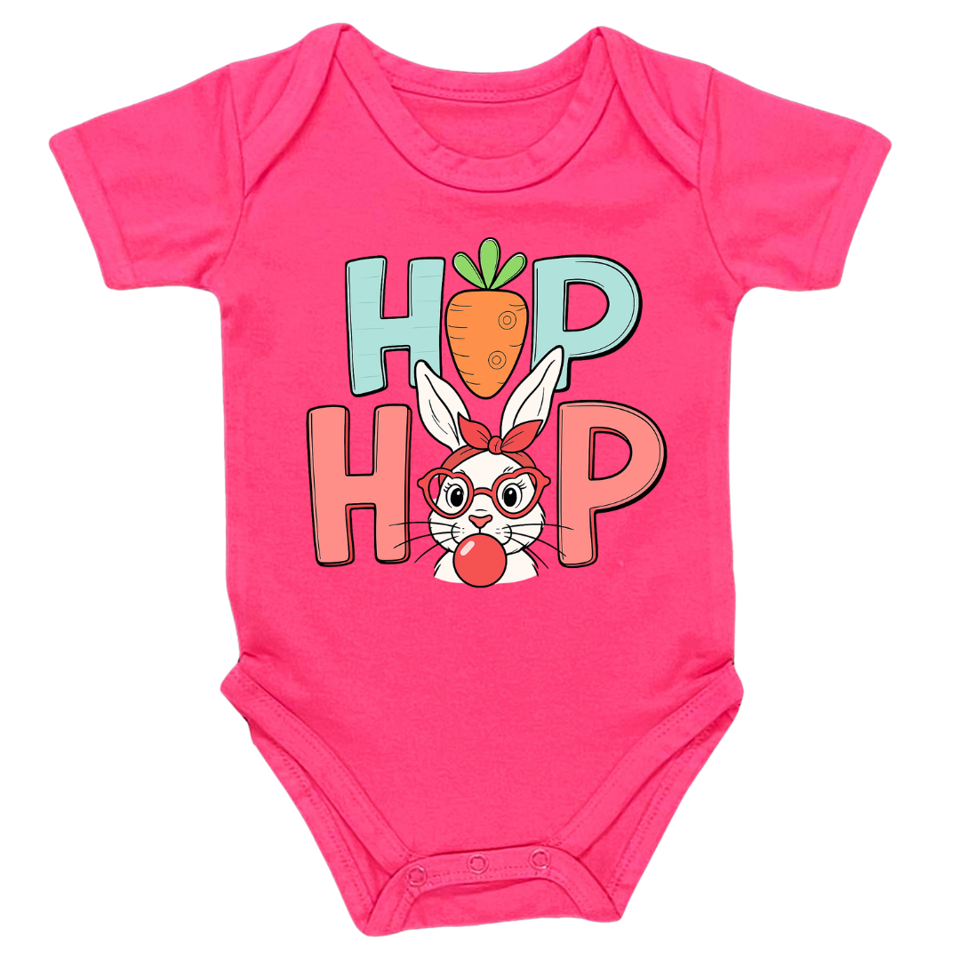 Hip Hop Easter Bunny Baby Bodysuit, 100% Cotton Onesie with Carrot Design, Infant Short Sleeve