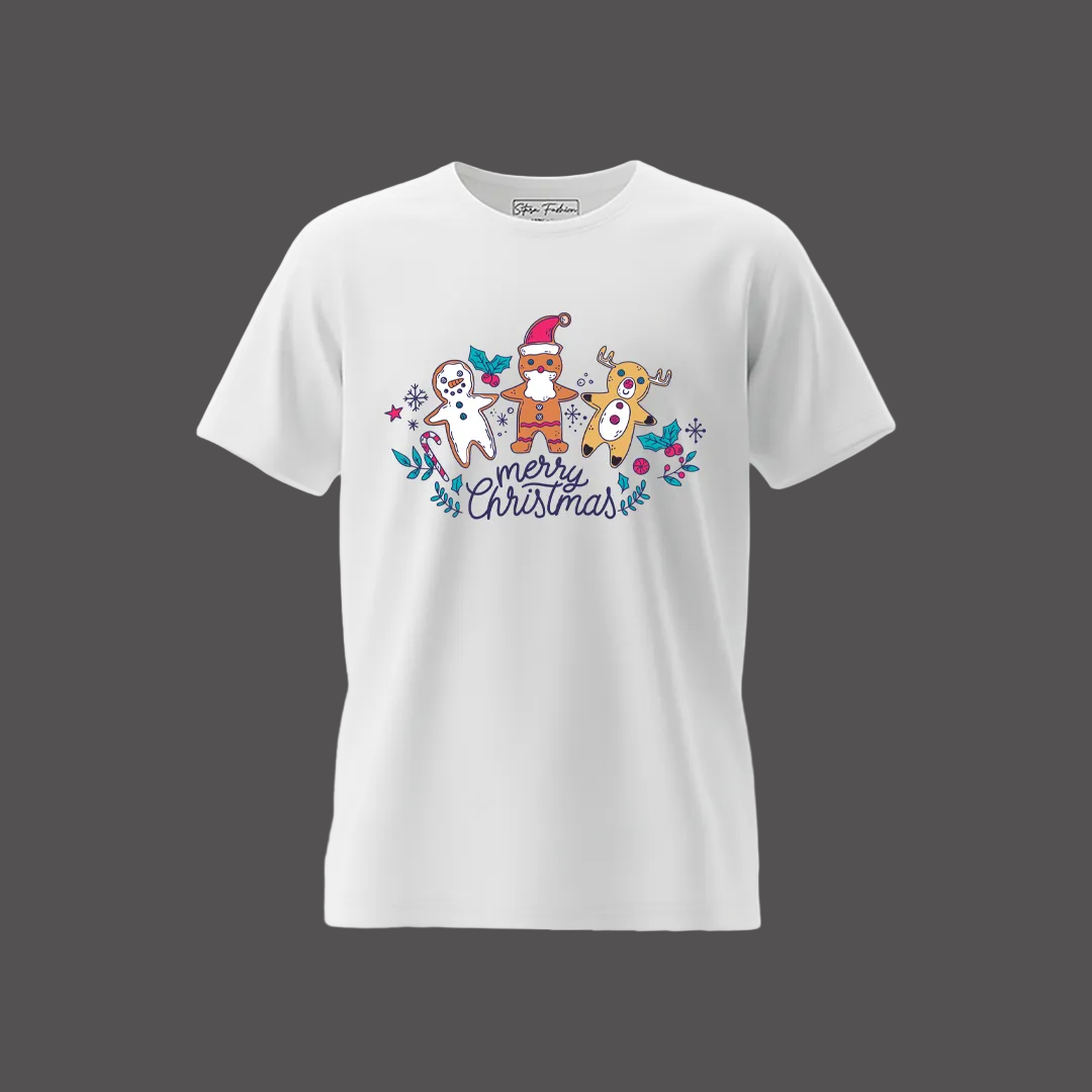 Kids Merry Christmas T-Shirt with Gingerbread Man, Reindeer & Santa Graphic Tees