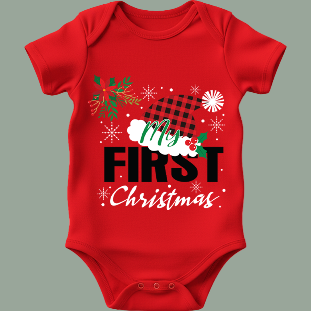 My First Christmas" Baby Bodysuit (Baby's First Christmas Romper Bodysuit - Red Plaid Accent Newborn Infant Outfit