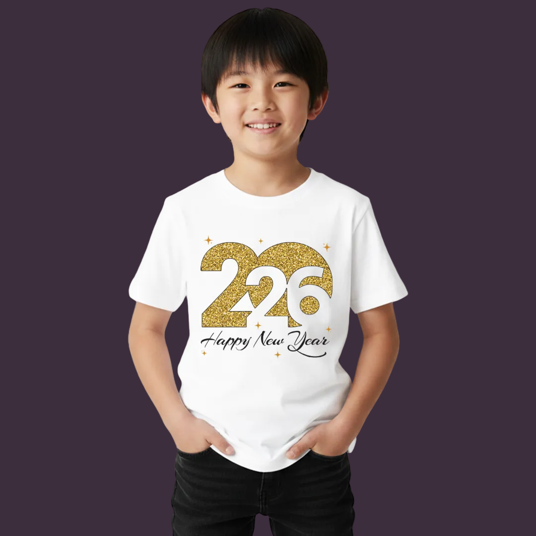 Matching Family New Year 2026 T-Shirts | Gold Glitter Year Graphic Tees | Custom New Year’s Eve Party T-shirts for Rompers, Kids and Adults