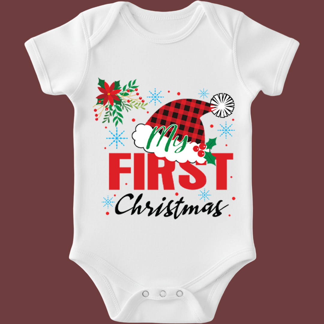 My First Christmas" Baby Bodysuit (Baby's First Christmas Romper Bodysuit - Red Plaid Accent Newborn Infant Outfit