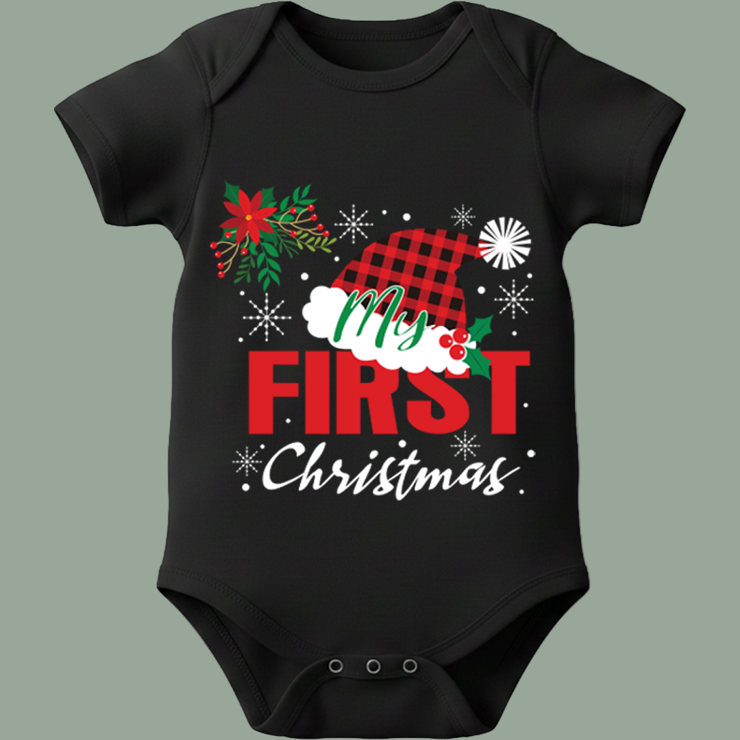 My First Christmas" Baby Bodysuit (Baby's First Christmas Romper Bodysuit - Red Plaid Accent Newborn Infant Outfit