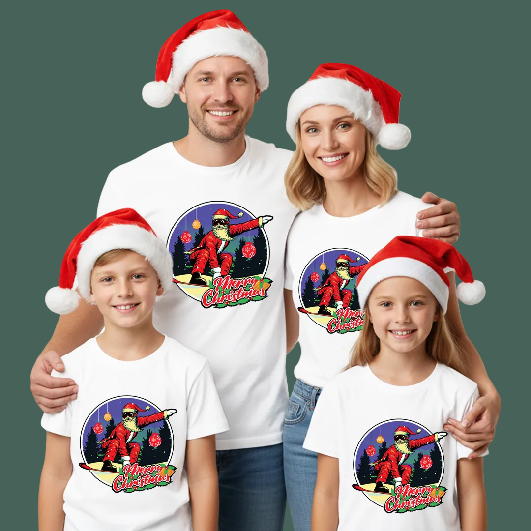 Matching Family Christmas T-Shirts, Surfing Santa Claus, Cool Graphic Tee, Holiday Family Photo Outfit Set, Funny Christmas Shirt, Mom Dad Kids Toddler Apparel, Merry Christmas