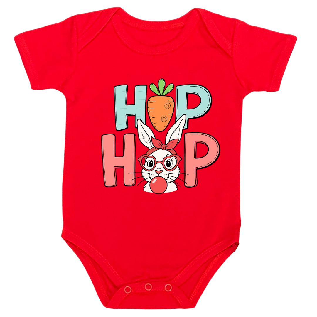 Hip Hop Easter Bunny Baby Bodysuit, 100% Cotton Onesie with Carrot Design, Infant Short Sleeve
