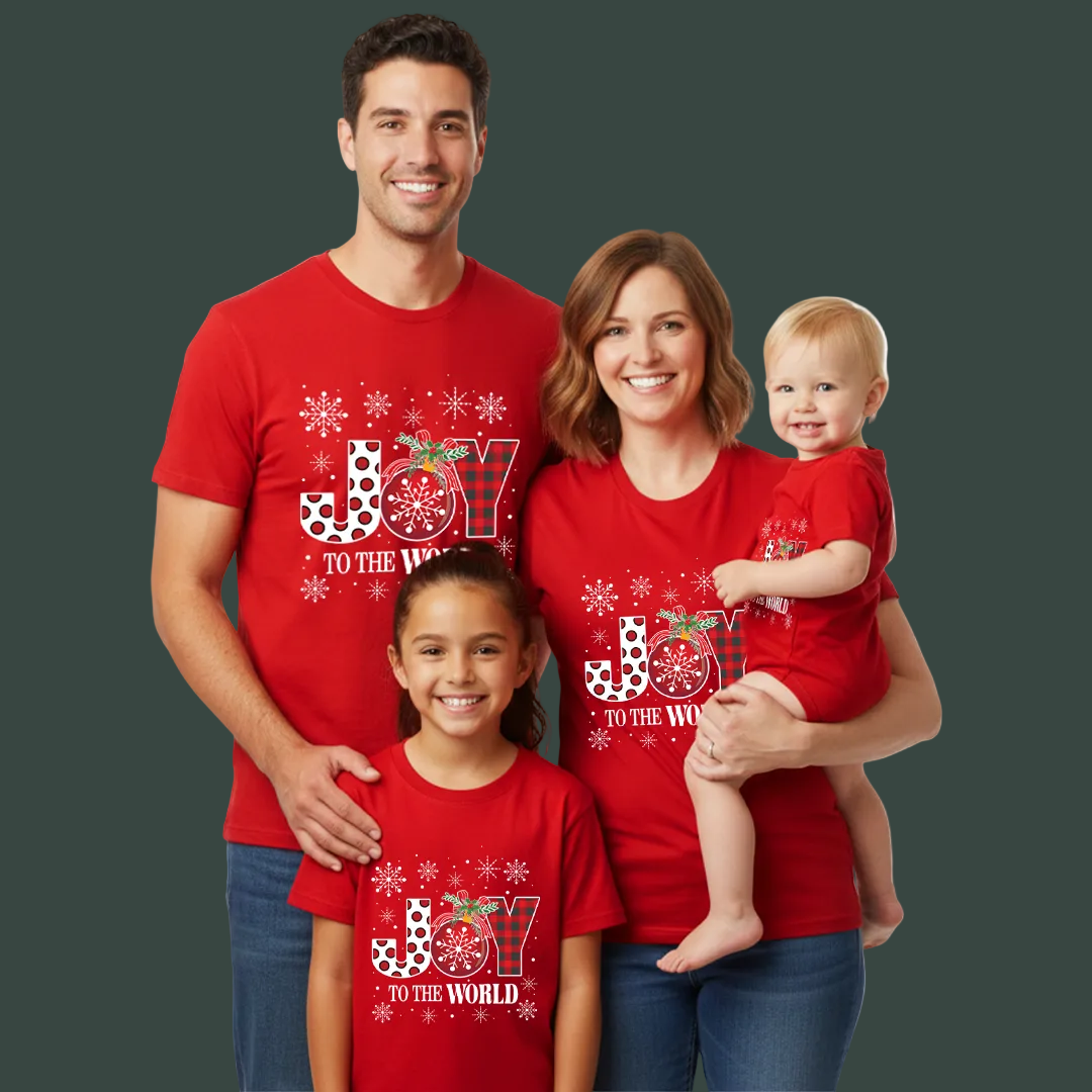 Matching Family Christmas T-Shirts, Joy to the World Graphic Tees, White Plaid Snowflake Holiday Outfit Set, Family Picture Apparel, Mom Dad Kids Toddler