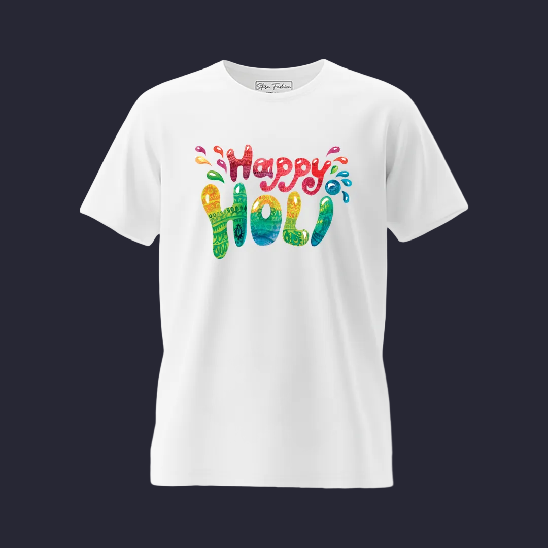 Vibrant "Happy Holi" Typography Tees – Artistic Watercolor Festival of Colors – Unisex Casual White T-Shirt - Sitara Fashions