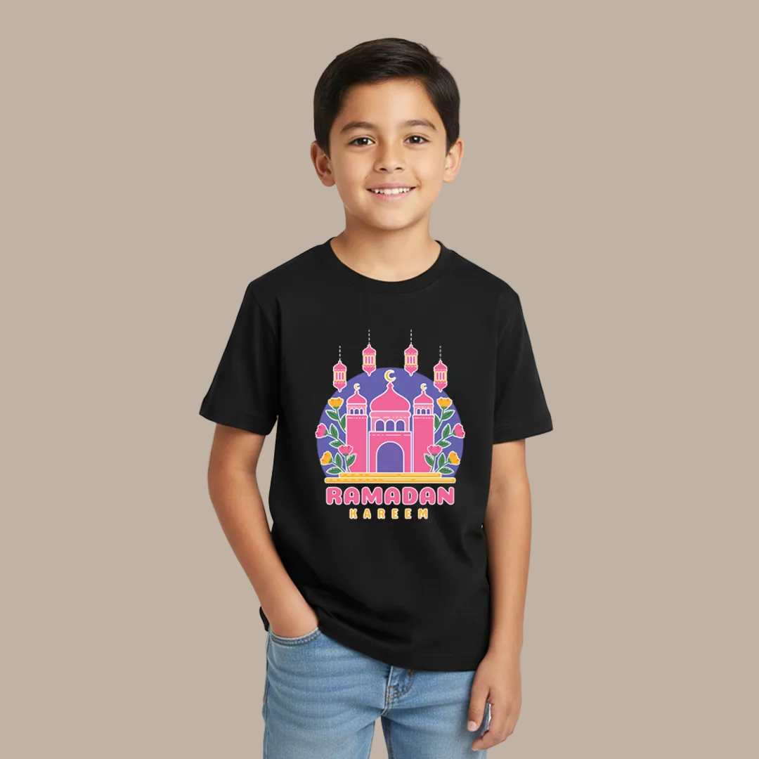Modern Islamic Art T-Shirt – Pink Mosque & Floral Design Ramadan T-Shirt for Kids – Vibrant Aesthetic Muslim Apparel – Premium Short Sleeve Graphic Tees