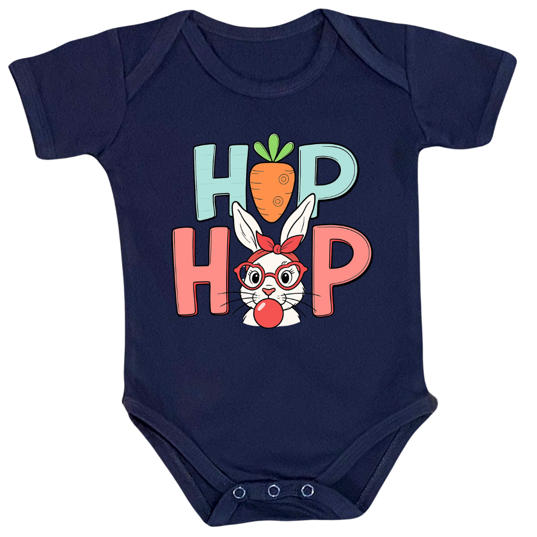 Hip Hop Easter Bunny Baby Bodysuit, 100% Cotton Onesie with Carrot Design, Infant Short Sleeve
