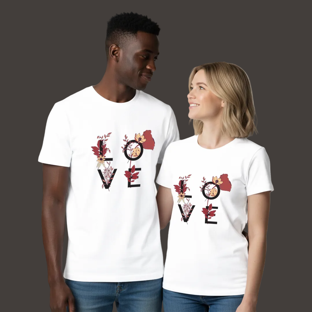 Floral Typography "LOVE" Couple T-Shirts | Aesthetic Botanical Graphic Tees | Matching Tees for Couples