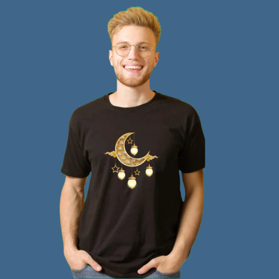 Ramadan Crescent Moon T-Shirt with Golden Lanterns Design