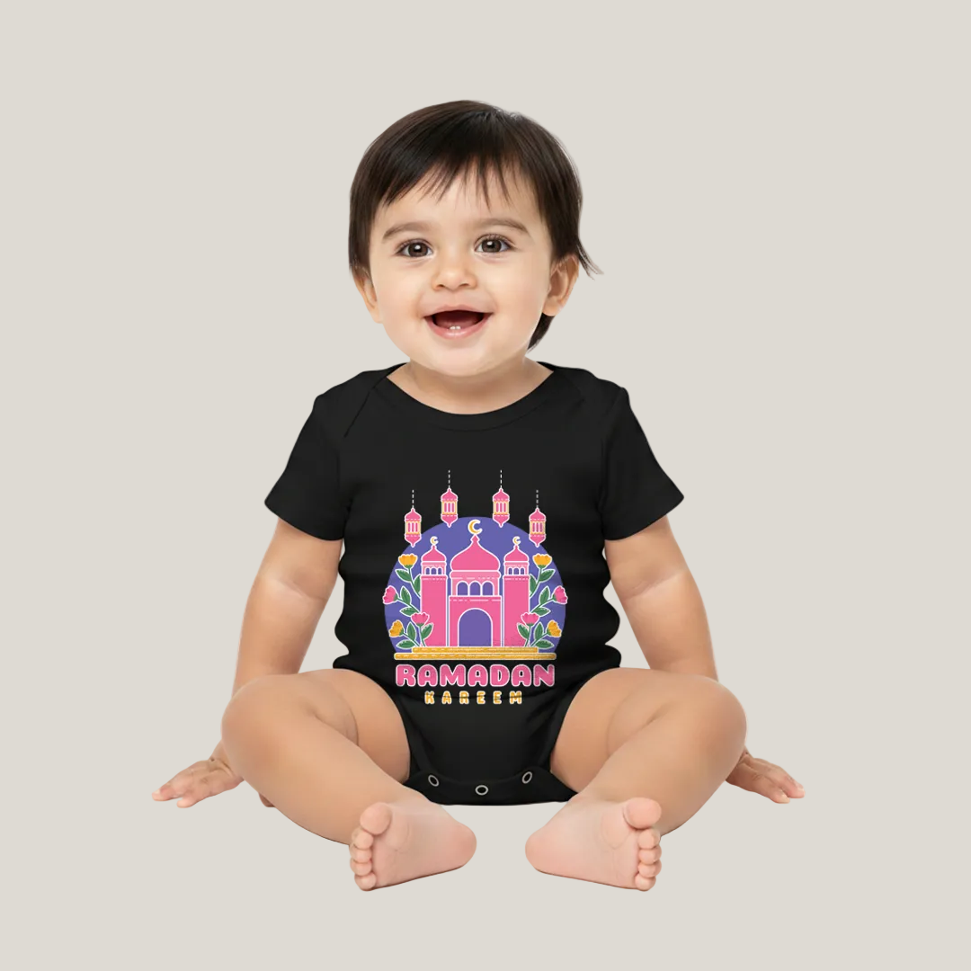 Ramadan Kareem baby romper in 100% cotton. Soft, breathable short sleeve infant onesie with easy snap closure
