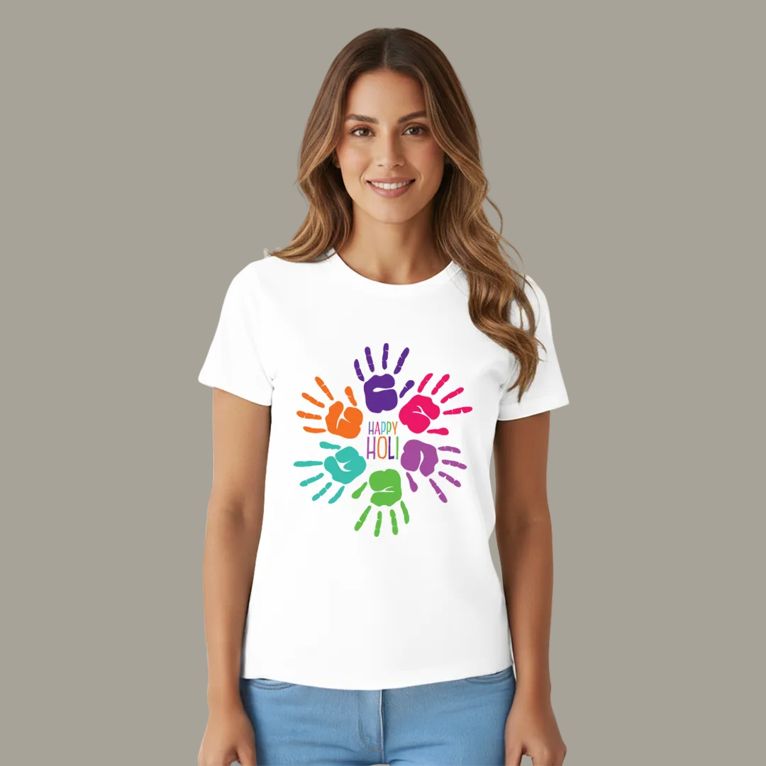 Colorful Handprint Happy Holi T-Shirt | Festive White Graphic Tees for Men & Women - Sitara Fashions