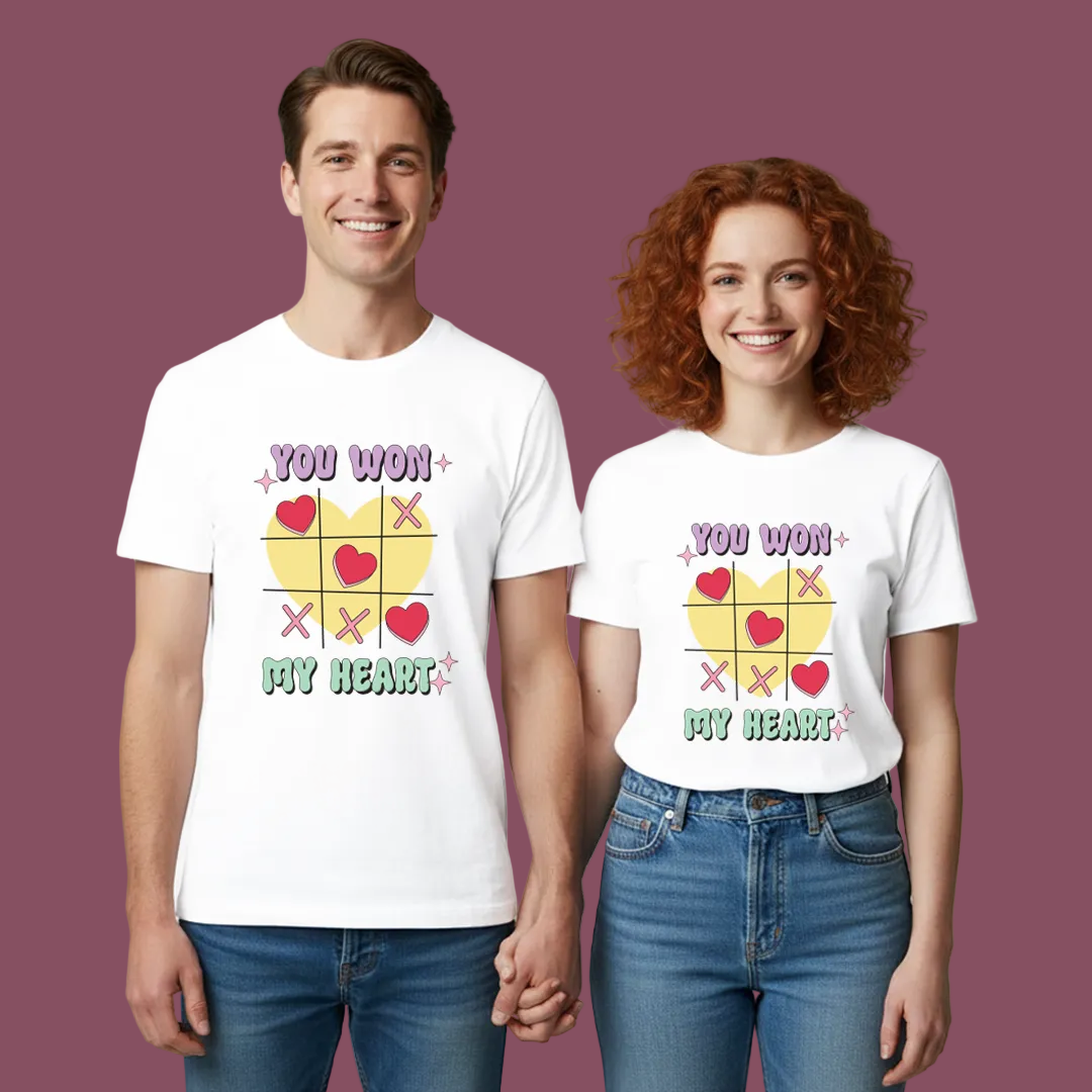 Matching Valentine's Day T-Shirts for Couples, "You Won My Heart" Tic Tac Toe Graphic Tee, White Cotton Unisex Fit