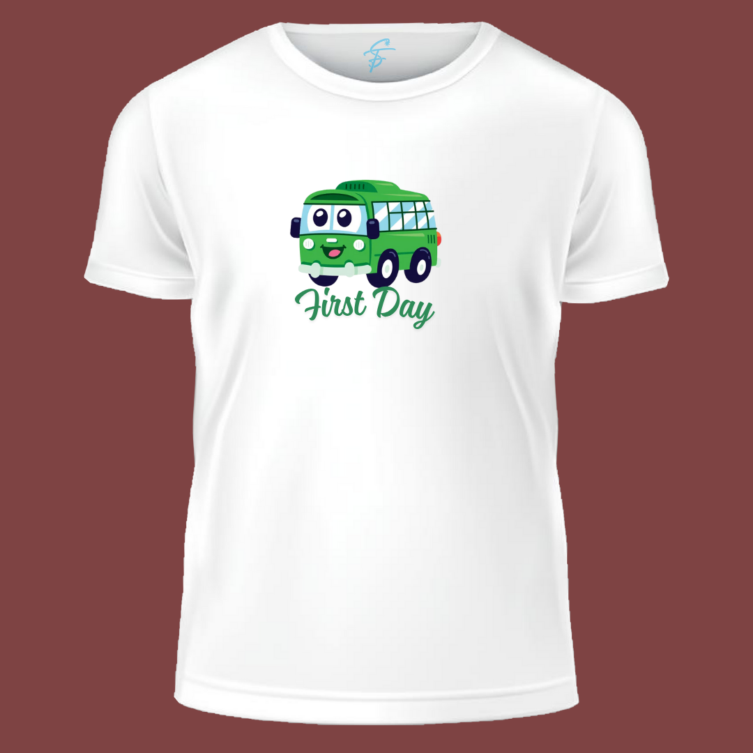First Day of School T-Shirt for Kids – Cute Green School Bus Cartoon Tee – Back to School Outfit for Boys & Girls – Short Sleeve White Tee, T-Shirt,100% Cotton