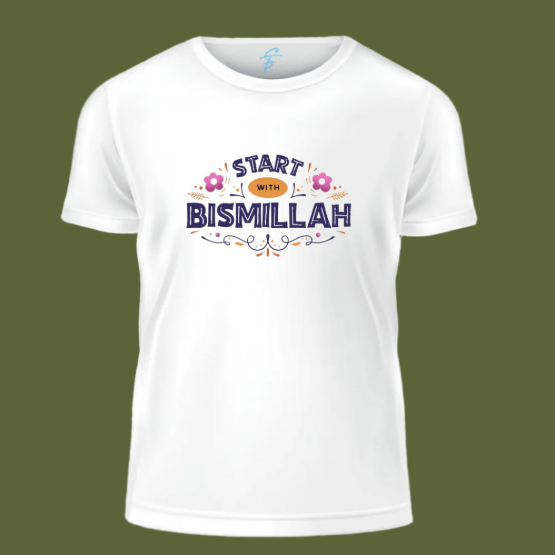 Start with Bismillah Islamic T-Shirt, 100% White Cotton, Floral Design