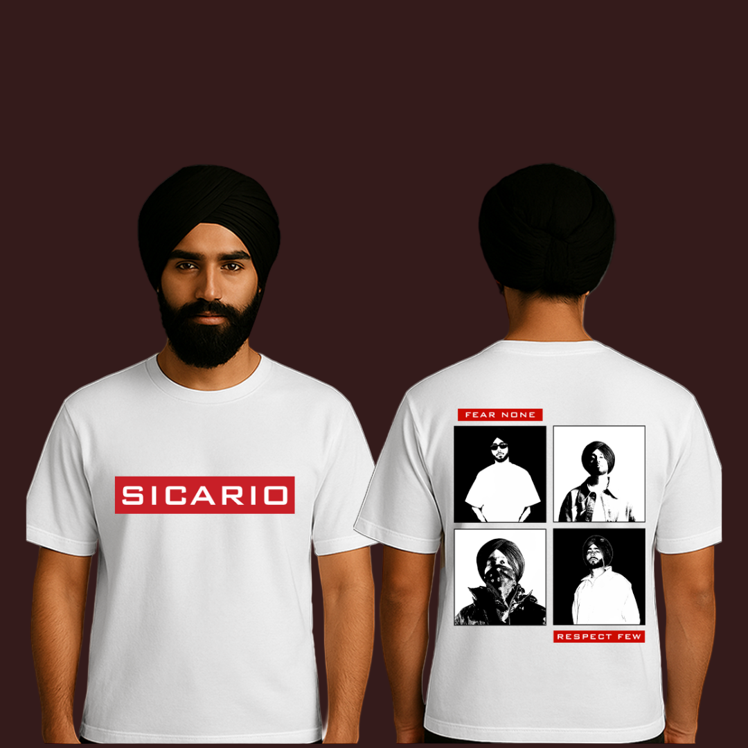 Shubh T-Shirt  | Sicario Fear None Respect Few Graphic Tee | Punjabi Hip-Hop Streetwear Cotton Half Sleeve Unisex Top