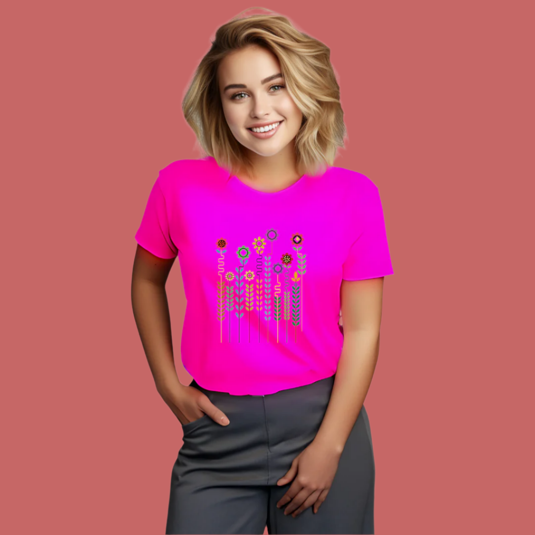 Floral Print Graphic Spring T-Shirt, 100% Cotton, Short Sleeve for Womens